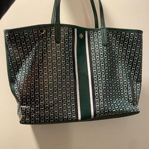 Tory Burch Green and White Tote Bag